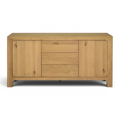 Pieces For Places Wyatt wide sideboard in reclaimed oak veneer with two cupboards and three central drawers.