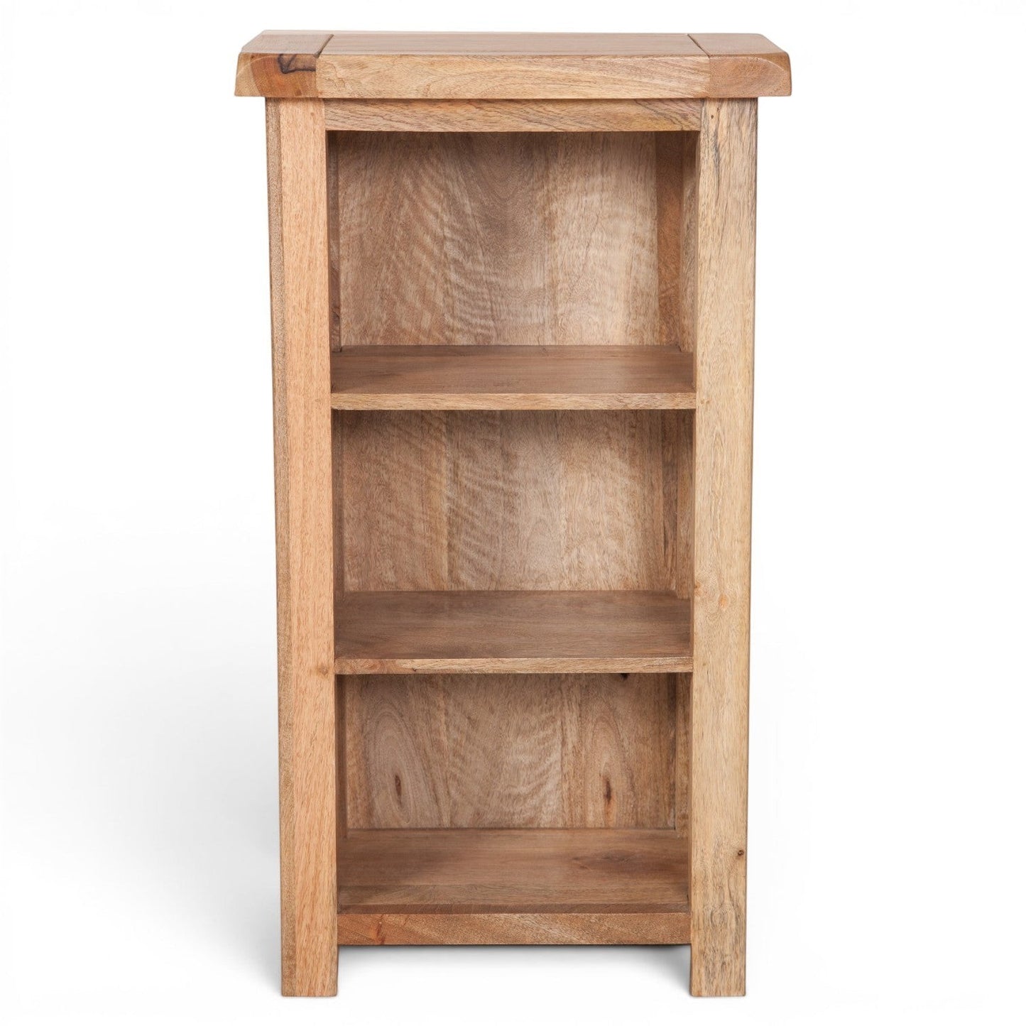 Pieces For Places Olda natural mango wood DVD rack with three open shelves and rounded top corners.