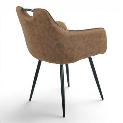 Pieces For Places Monza brown vegan leather dining chair with black steel legs and metal handle detail.