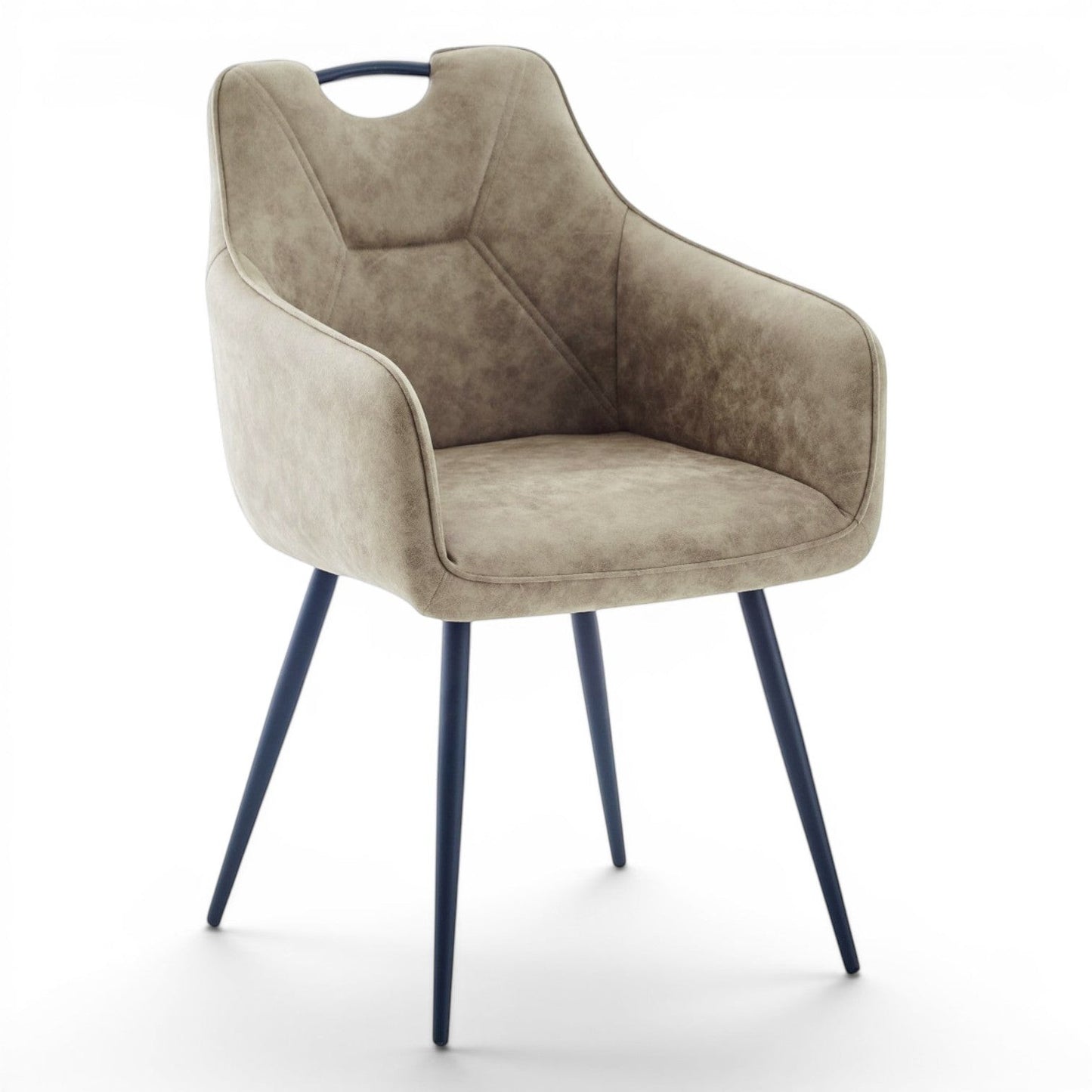 Pieces For Places Monza dining chair in mink vegan leather with black steel legs and metal handle.