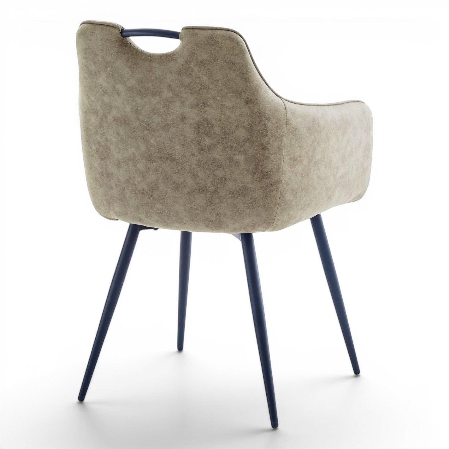Pieces For Places Monza dining chair in mink vegan leather with black steel legs and metal handle detail.