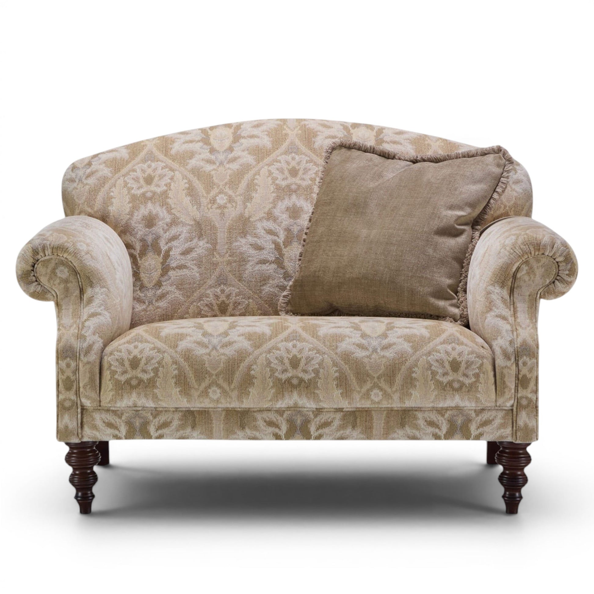 Pieces For Places Tallis Snuggler, Victorian-style high-back chesterfield sofa in natural chenille fabric with damask pattern and decorative cushion.