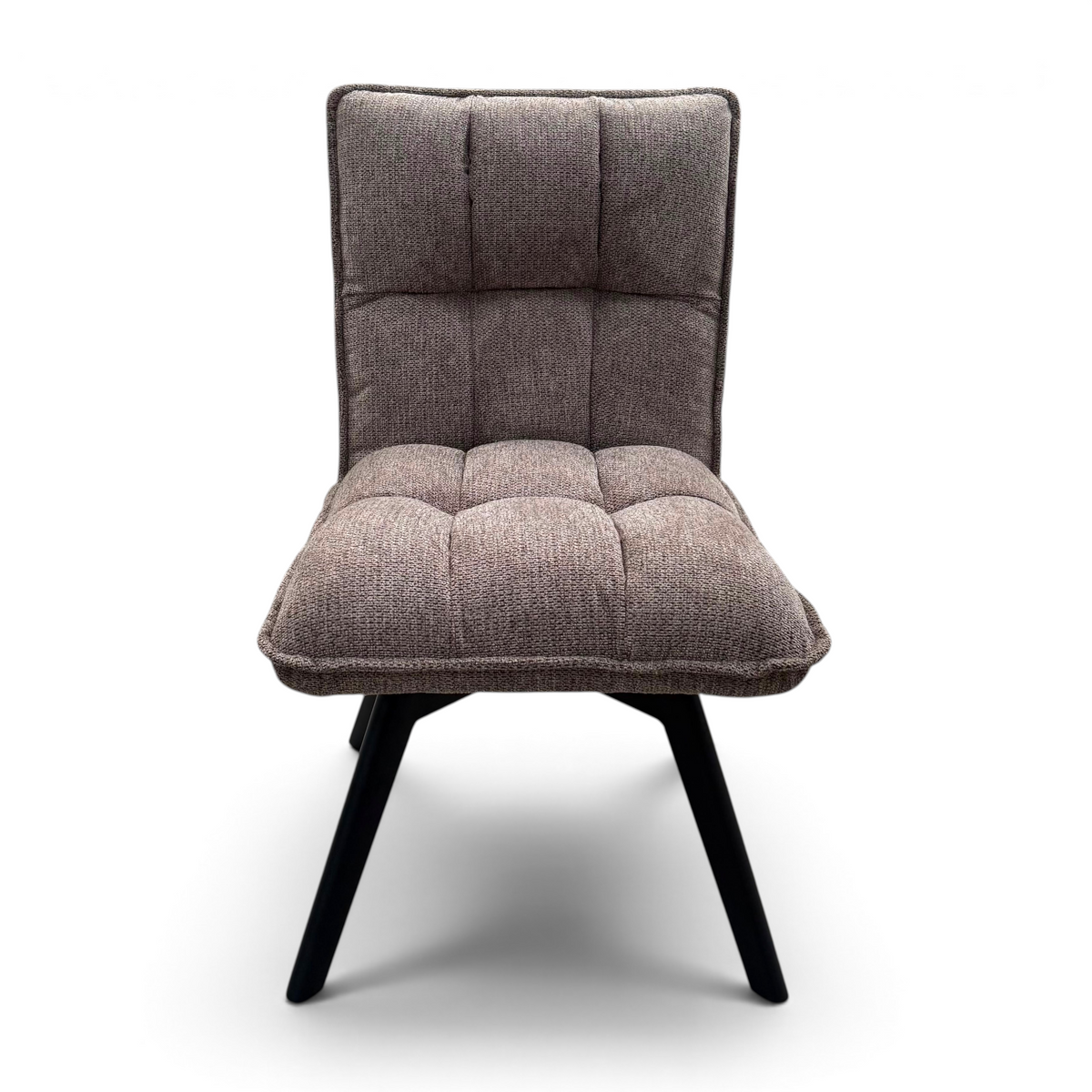 Pieces For Places Bubble light beige grey upholstered swivel dining chair with a tufted seat and black metal legs