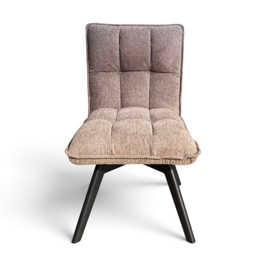 Pieces For Places Bubble light beige grey upholstered swivel dining chair with a tufted seat and black metal legs
