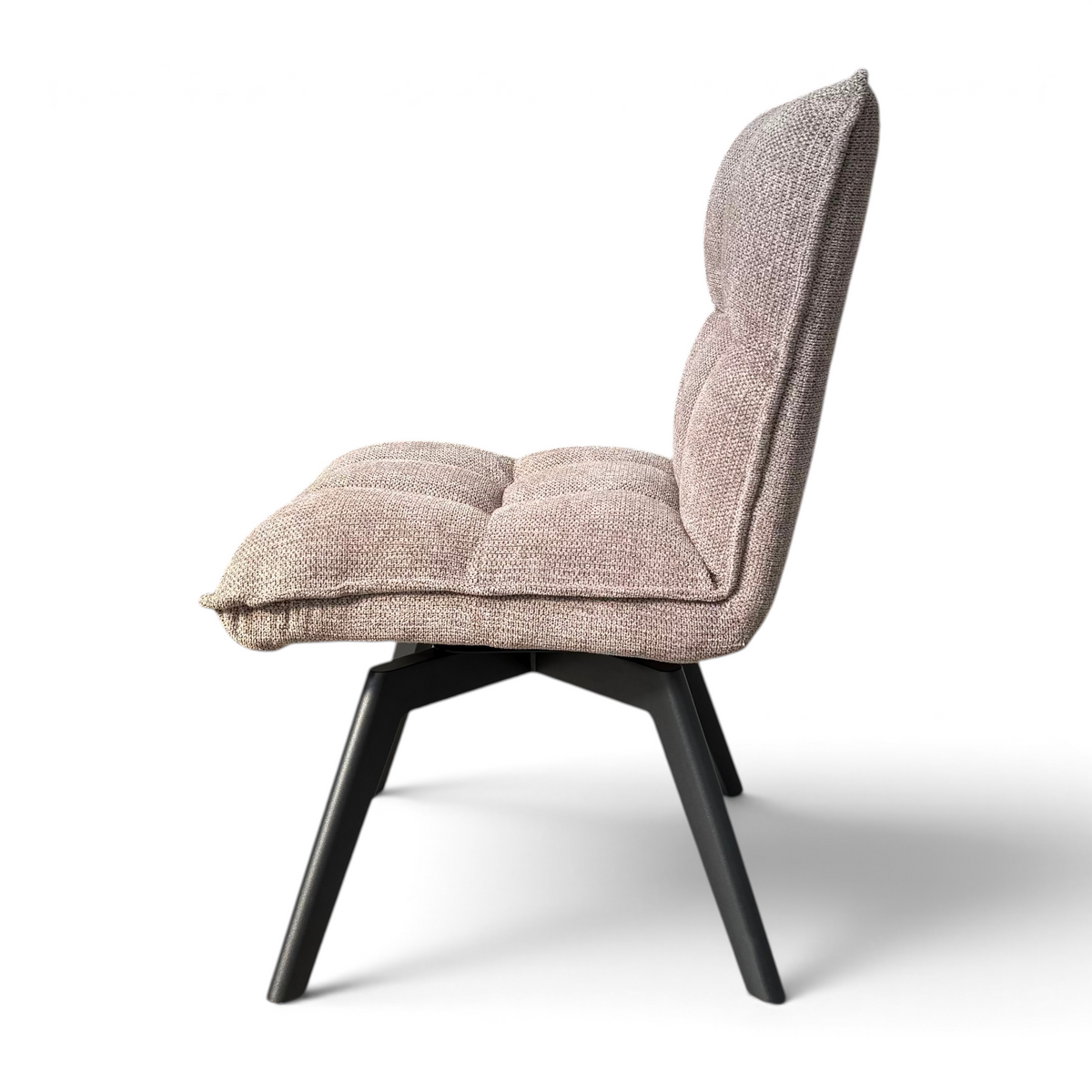 Pieces For Places Bubble light beige grey upholstered swivel dining chair with a tufted seat and black metal legs