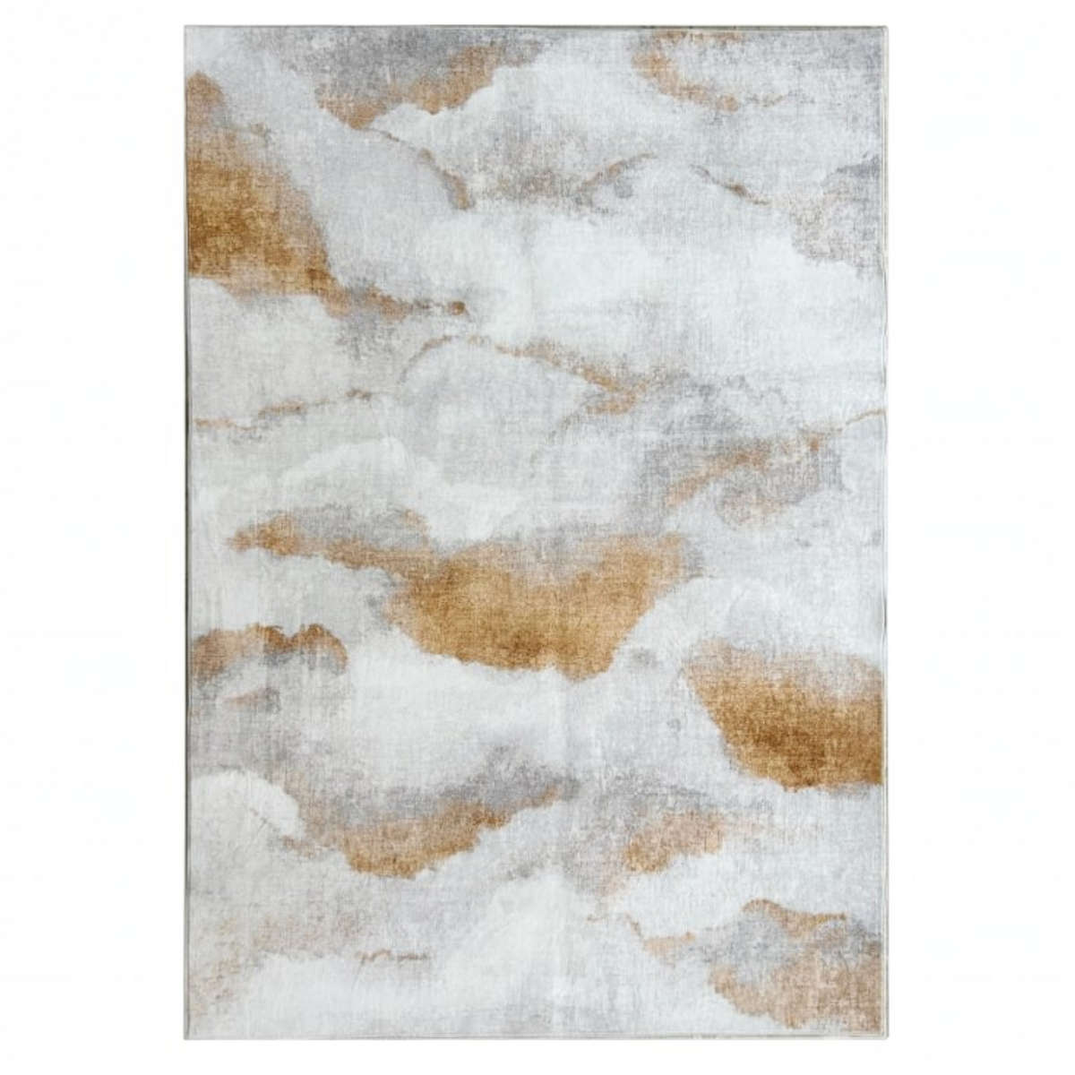 Pieces For Places Cloudburst washable rug featuring an abstract yellow, grey, and neutral cloud-inspired pattern.