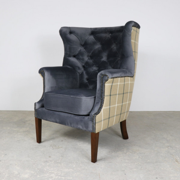 Croydon Wing Chair Plush Steel Front and Check Latte Back Croydon Wing Chair Plush Steel Front and Check Latte Back