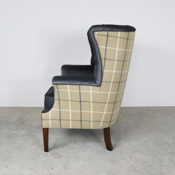Croydon Wing Chair Plush Steel Front and Check Latte Back Croydon Wing Chair Plush Steel Front and Check Latte Back